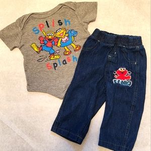 Sesame Street character grey onesie with embroidered Elmo denim jeans